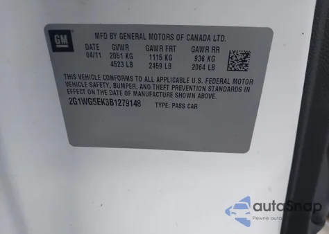 2011 Chevrolet Impala Lt from USA, damaged, VIN 2G1WG5EK3B1279148